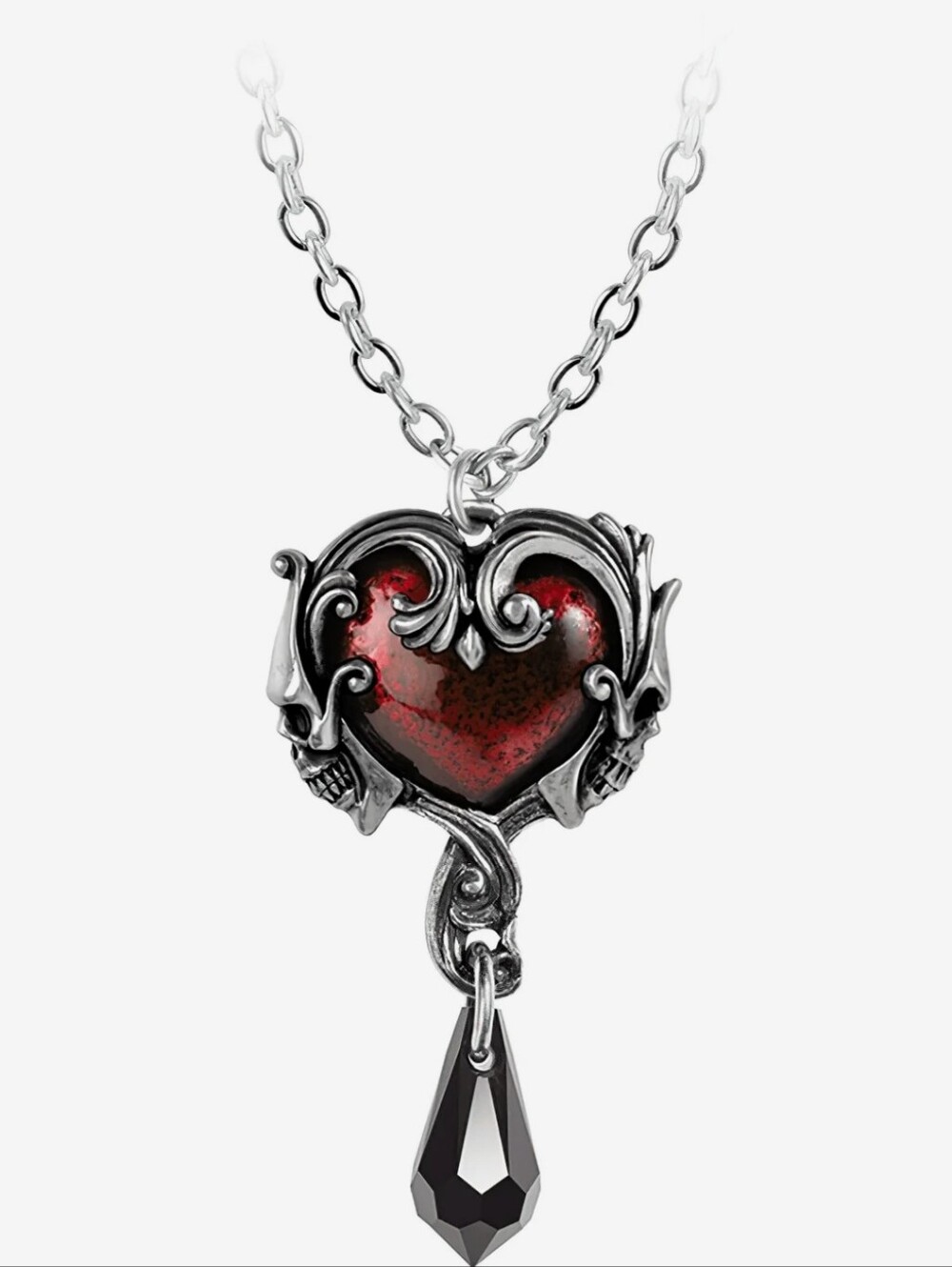 Ornate Red Heart Pendant Necklace with Black Teardrop Accent